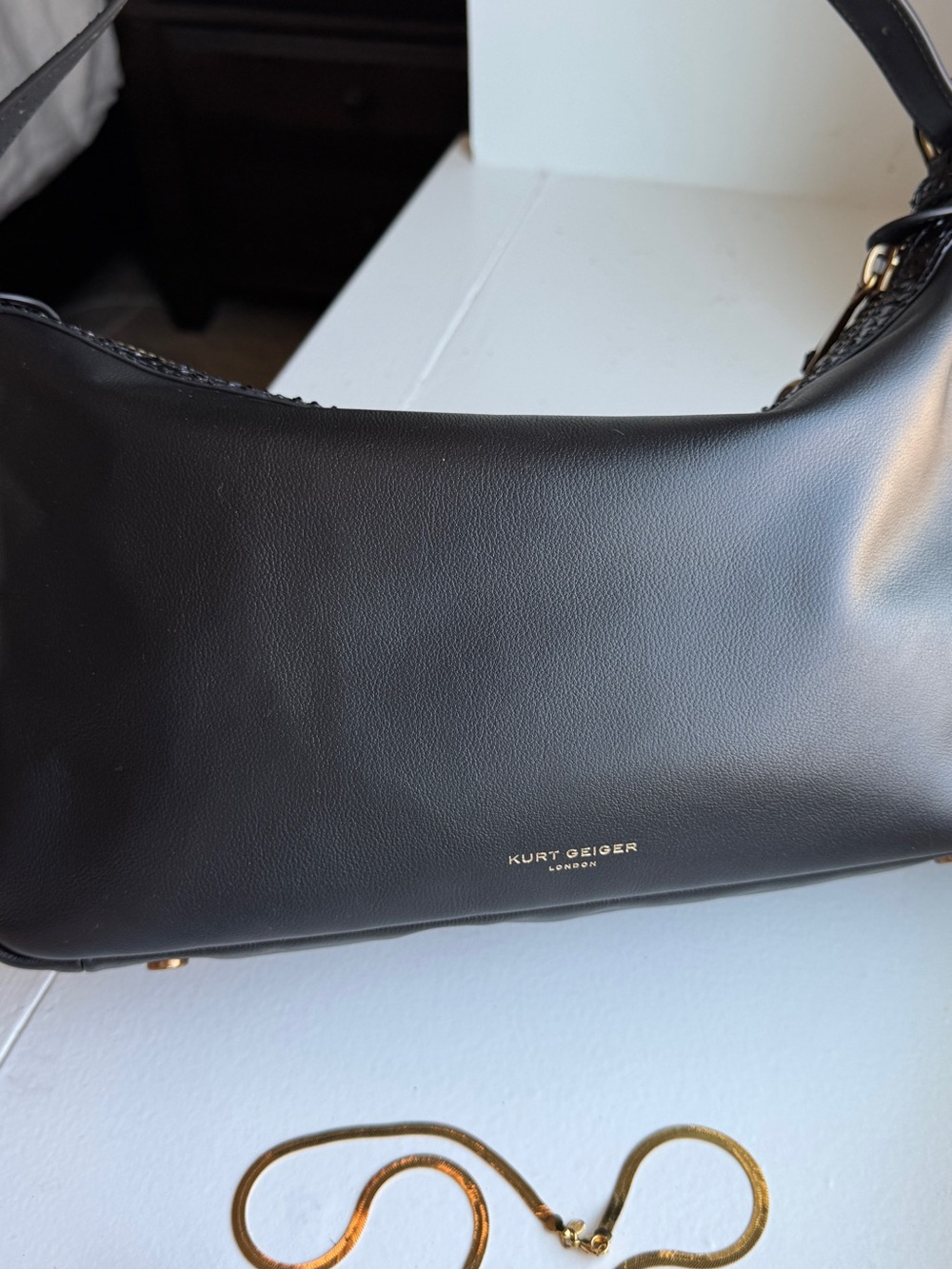 Kurt Geiger London Chelsea Black & Gold Statement Studded Leather Shoulder Bag - Picture 4 of 15